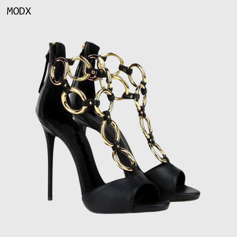 Gold Chain Sandal - Dames zwart lederen gouden ketting link
