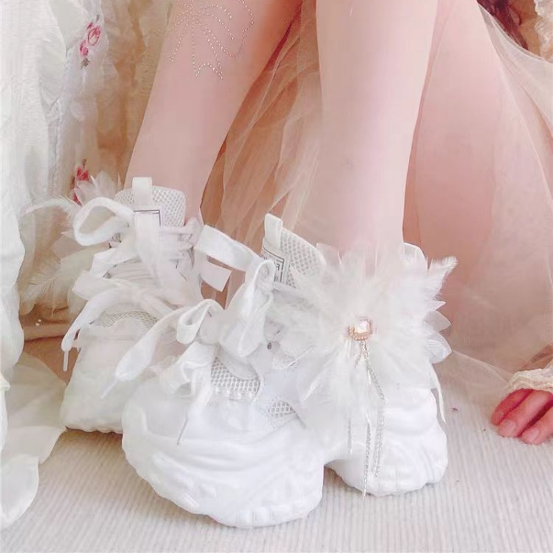 Women'S Shoes Hands Free - Witte bloemen kant strass kwastje parel