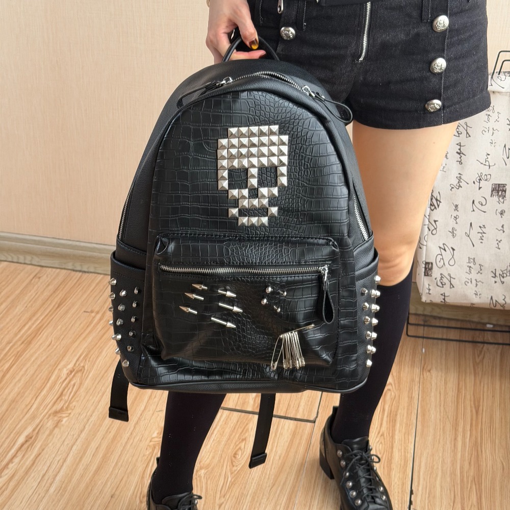 Women Shoes Zipper - Originele zwarte krokodillenpatroon schedel klinknagel rugzak