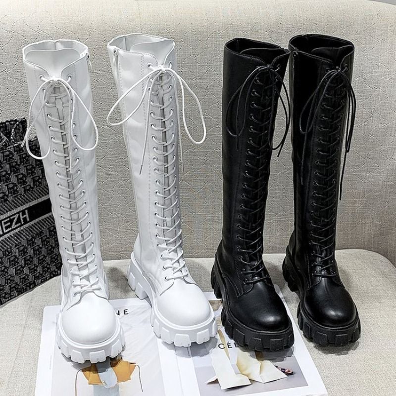 High Knee Heel Boots - Dames kniehoge laarzen met veters, combat