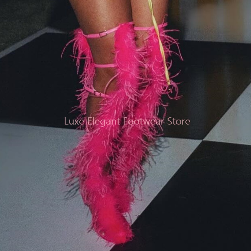 Roze veren sandalen met riempj - High Knee Heel Boots recensie en prijs